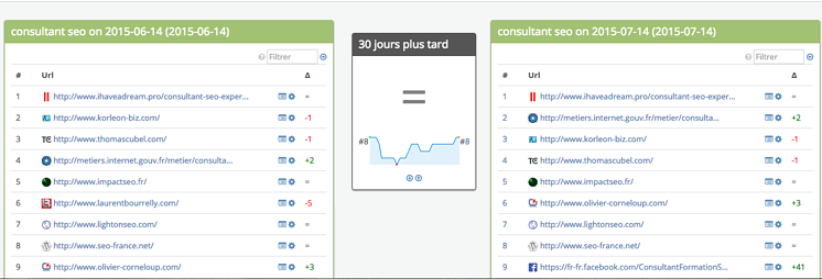 Évolutions des rangs sur Google des sites web pour une recherche sur les termes “consultant seo” pour une période d’un mois grâce à l’outil SEObserver